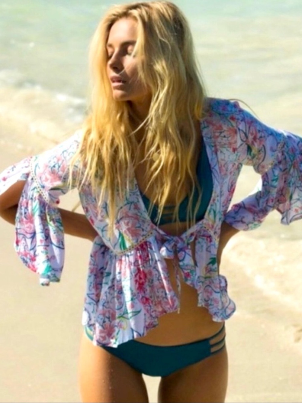 L*Space Lilly Floral Bell Sleeve Ruffle Tie Front Cropped Top Swim Coverup Sz S